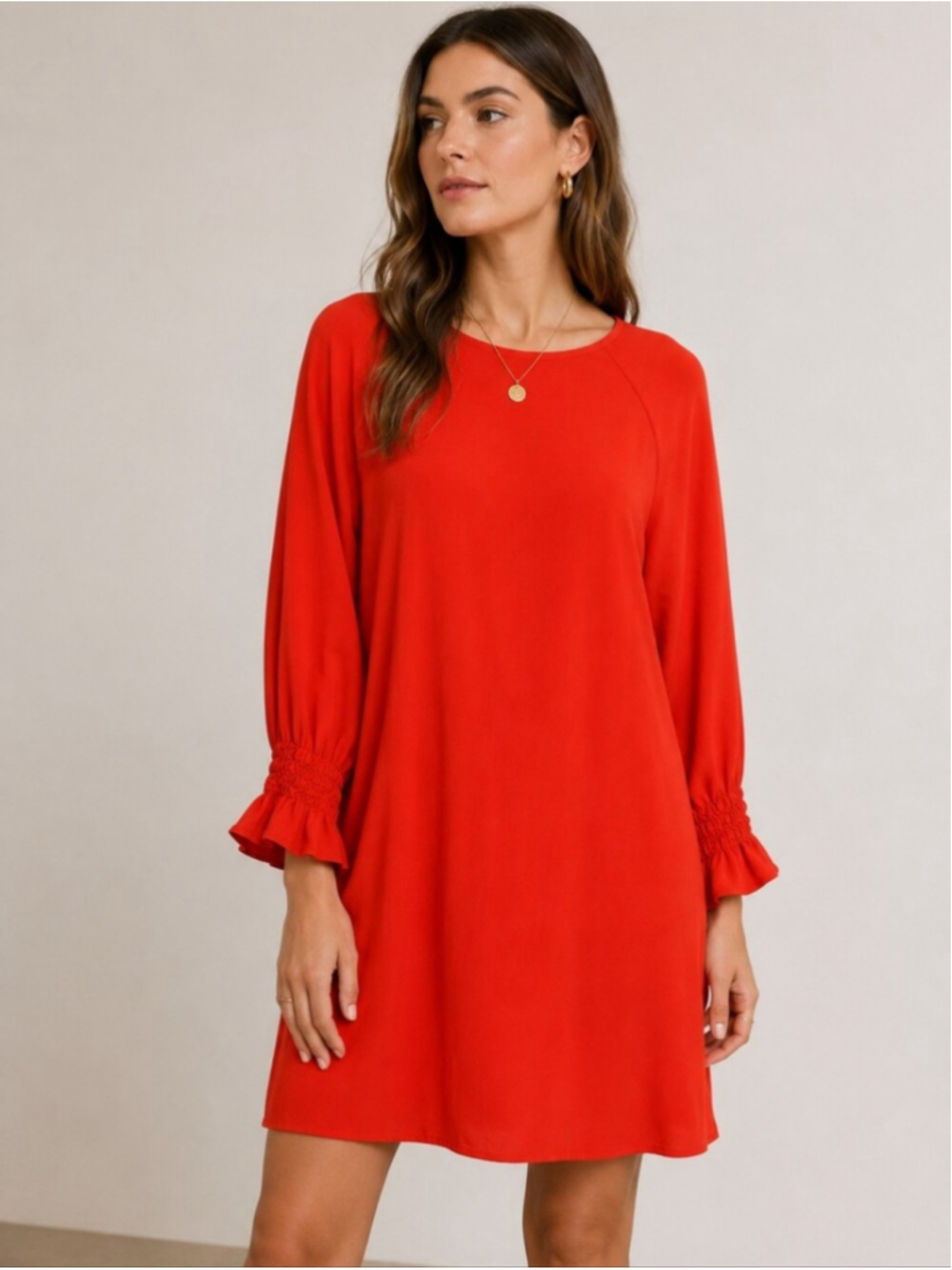 Maje Paris Red Orange Shift Dress Long Sleeve Smocked Cuff Mini Dress Size S
